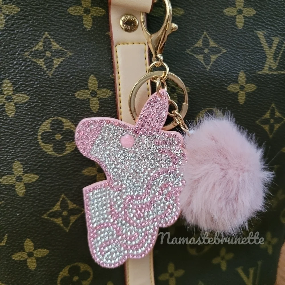 Rhinestone Unicorn Pom Pom Keychain Bag Charm - Picture 11 of 11